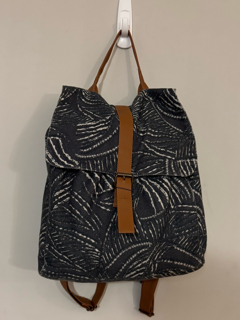 Lu & Elle Gray Leaf Print Canvas Backpack Faux Leather Trim Boho Travel Bag